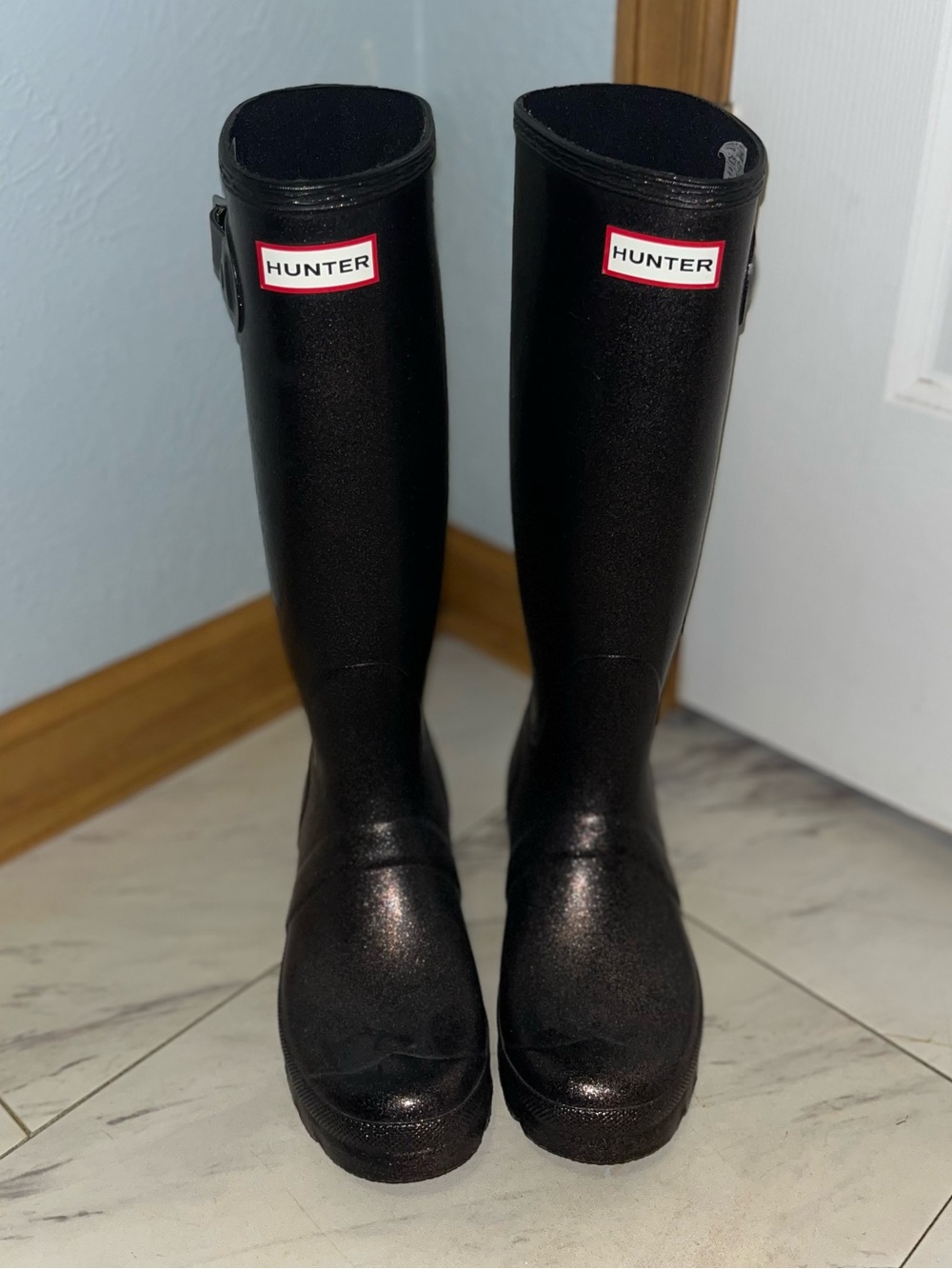Hunter Original Starcloud Tall Rain Boots Size 7 Black/Dark Purple Glitter